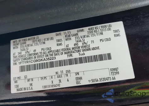 2016 Ford Transit-250 z USA, uszkodzony, nr VIN 1FTYR1CG9GKA35223